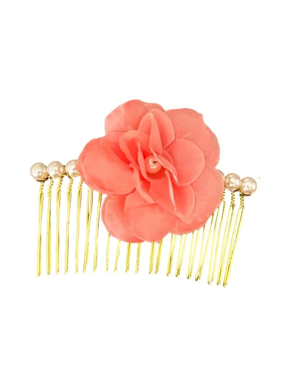 Gold Hair Comb with Coral Fabric Flower and Pearls FINAL PRICE DROP